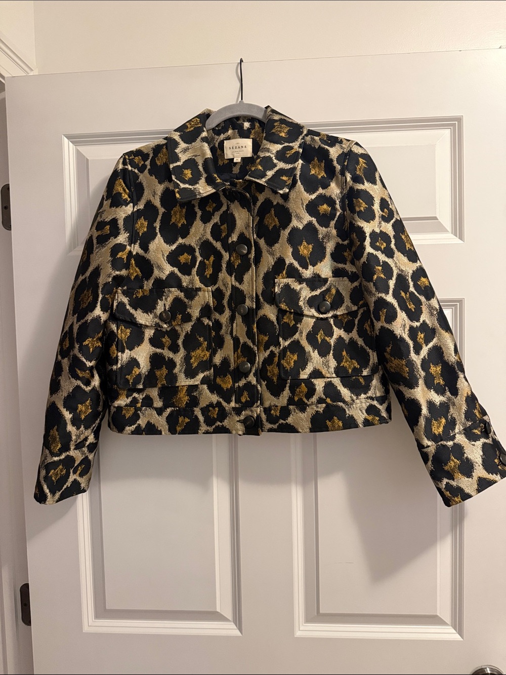 Sezane Leopard Print Cropped Jacket - Black, Cream & Gold